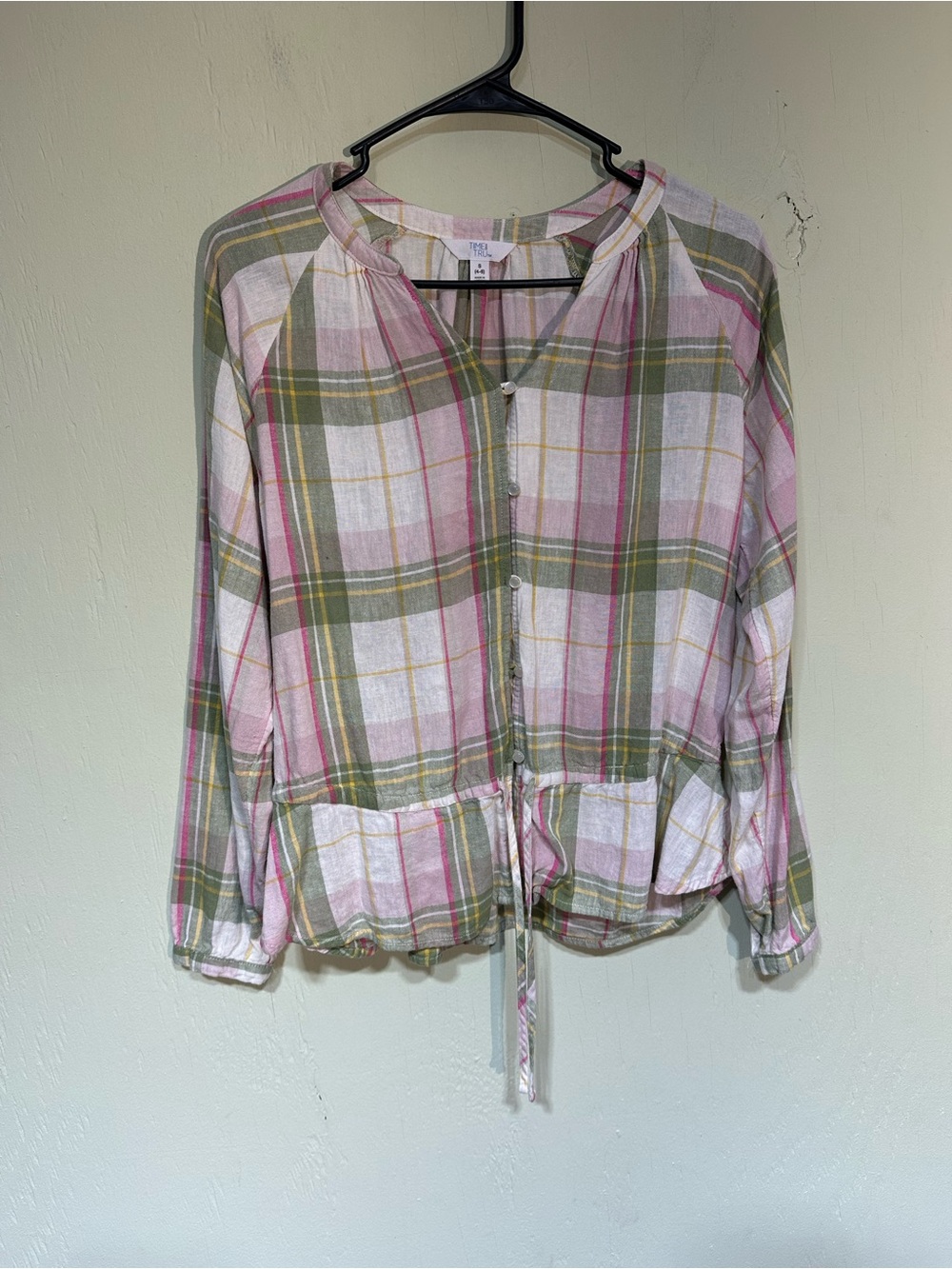 Time and Tru plaid button cinch front long sleeve linen blend shirt small